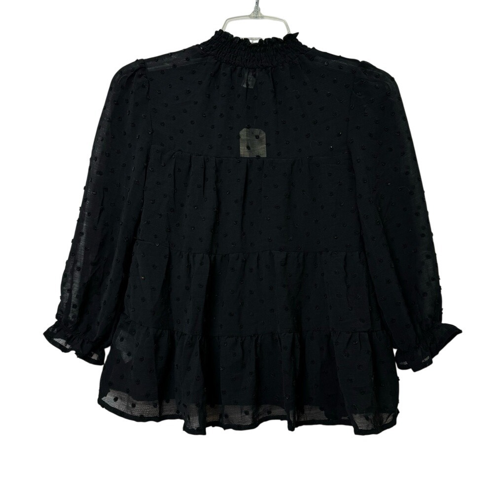 Monteau‎ Los Angeles Women Black Swiss Dot Smocked Neck Tiered Blouse XS NEW
